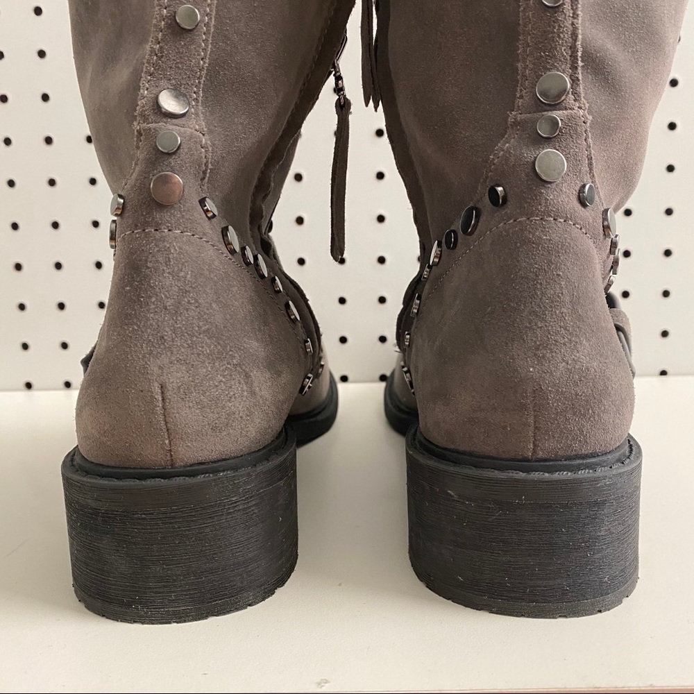 Sam Edelman Gray Suede Studded Knee-High Heeled Boots - Picture 8 of 9